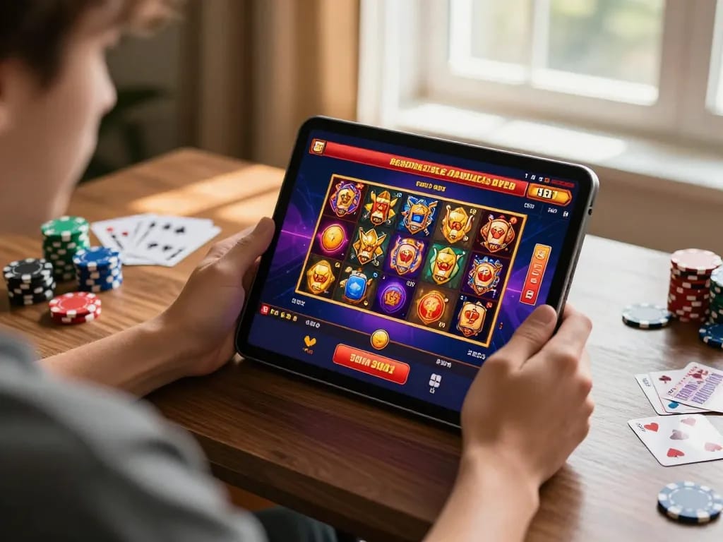 Engaging with online slots while downloading apk slot bet 50 perak at home, showcasing a cozy gaming environment.