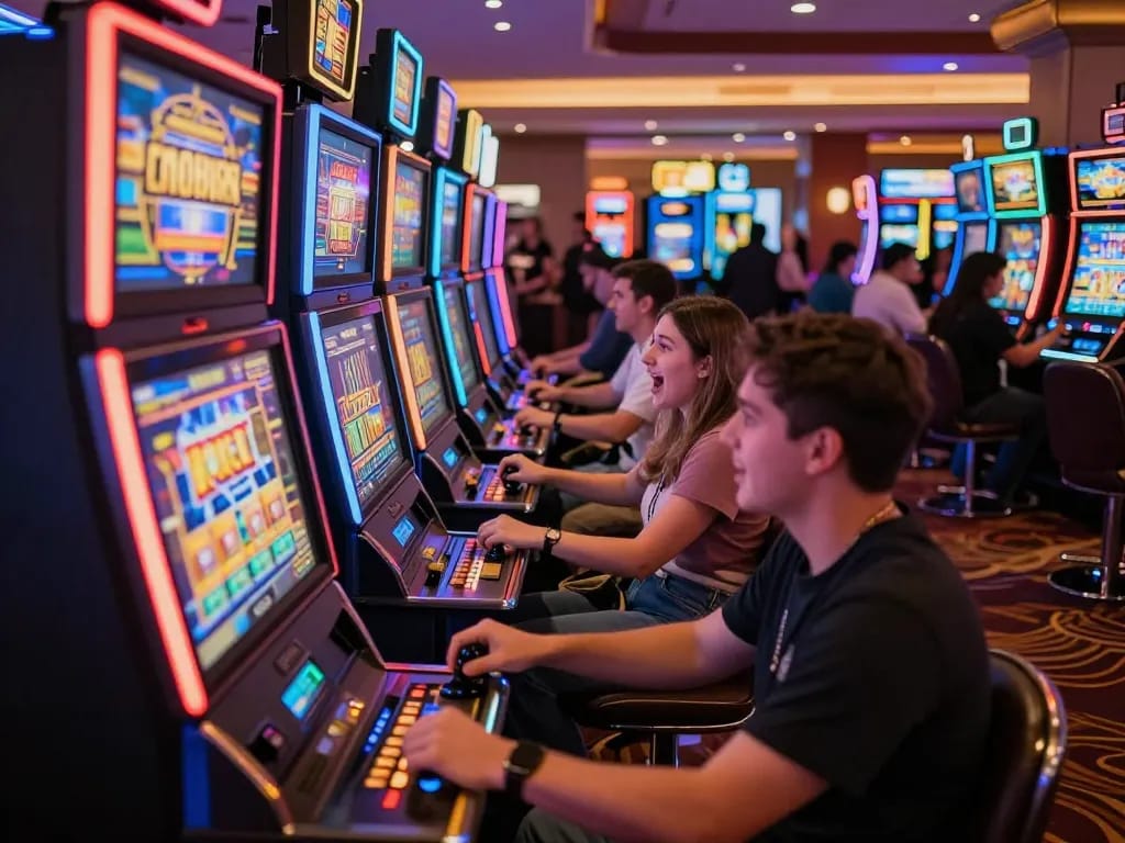 Players enjoying slot777 games at a vibrant casino, with colorful machines, dynamic atmosphere, and excited expressions.