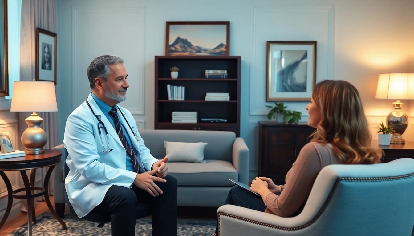 Best psychiatrist dubai in a serene office environment, engaging with a patient.