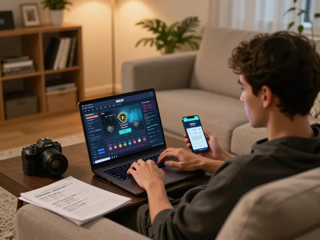 Engaged player using RIKVIP on laptop at home, surrounded by strategy notes and a cozy atmosphere.