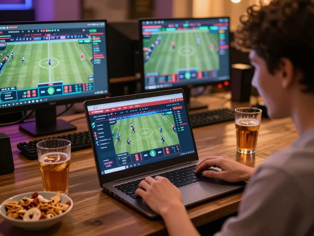 Engaged player placing bets on UU88 okwin sports betting platform in cozy home setting