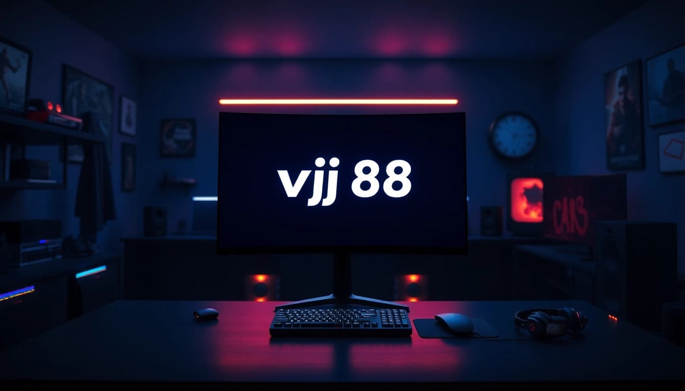 Engaging image showcasing a stylish gaming monitor with the vj88 logo, symbolizing modern gaming setups.