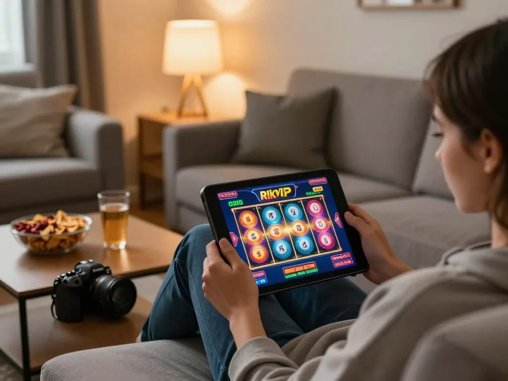 Engaging online gaming experience at Rik VIP with player enjoying slots on a tablet.