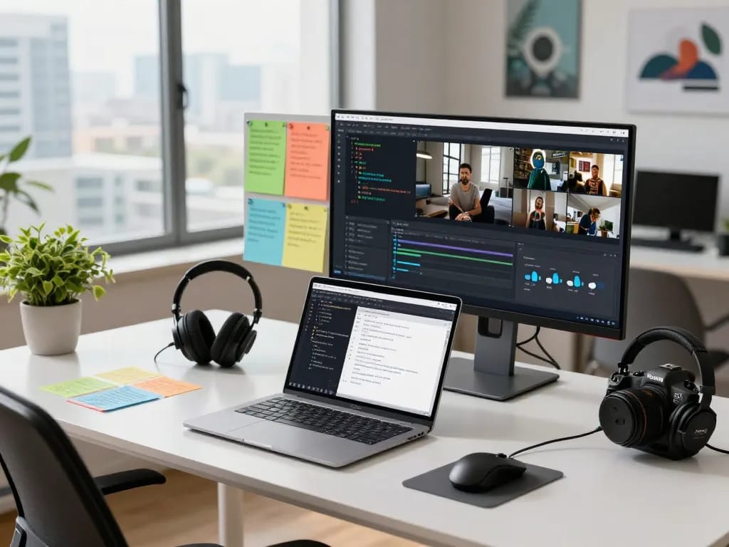 Dynamic workspace showcasing video to prompt ai analysis with modern technology and vibrant city view.
