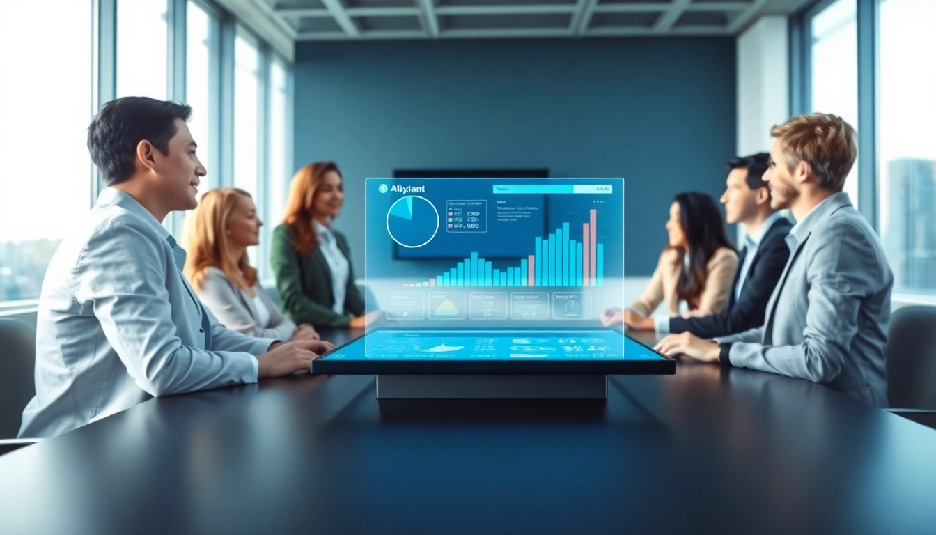 Engaging enterprise ai assistant providing support to business professionals in a modern office.