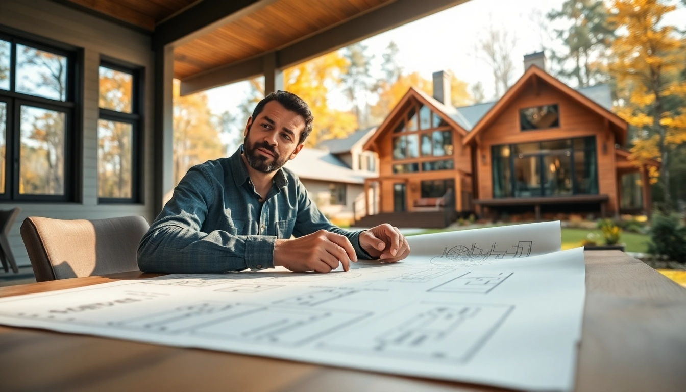 New England residential architect designing a home amidst autumn foliage and blueprints.