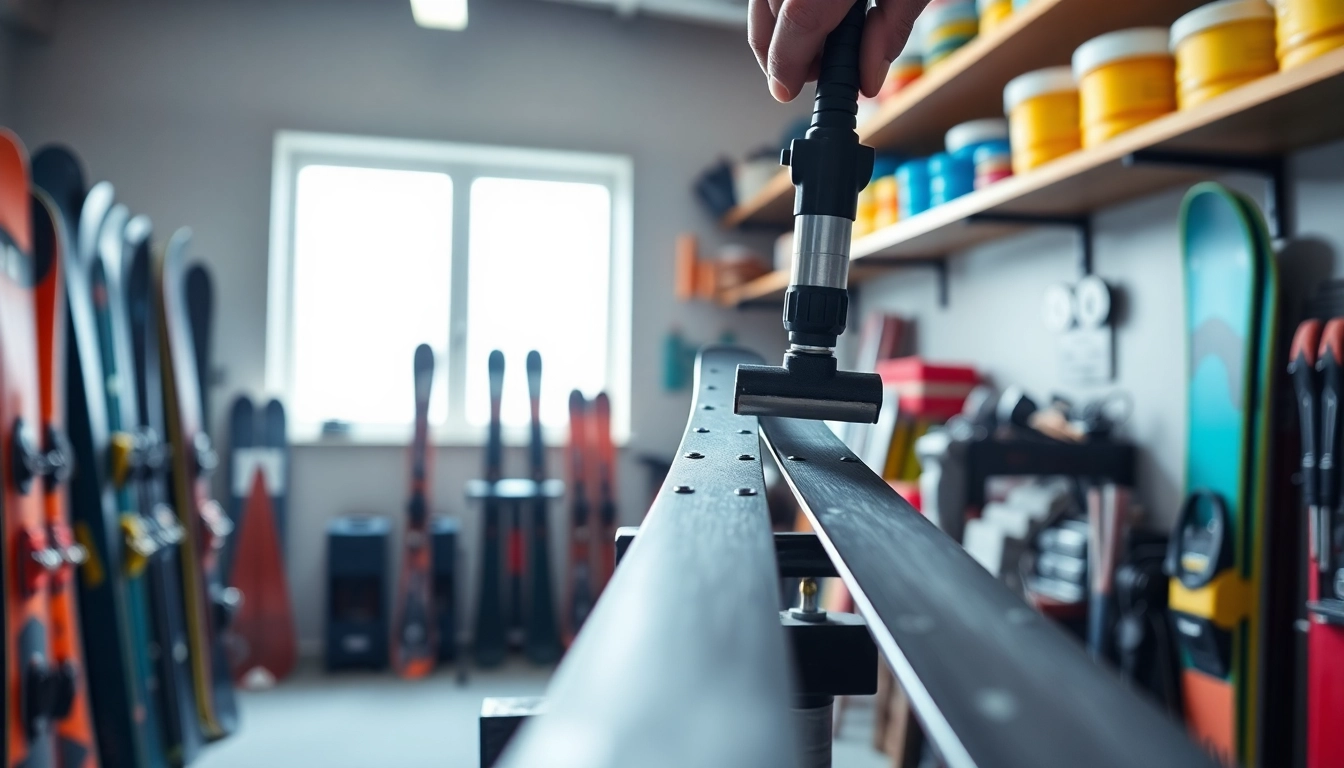 Ski tuning and waxing process in an organized workshop featuring vibrant wax and tools.