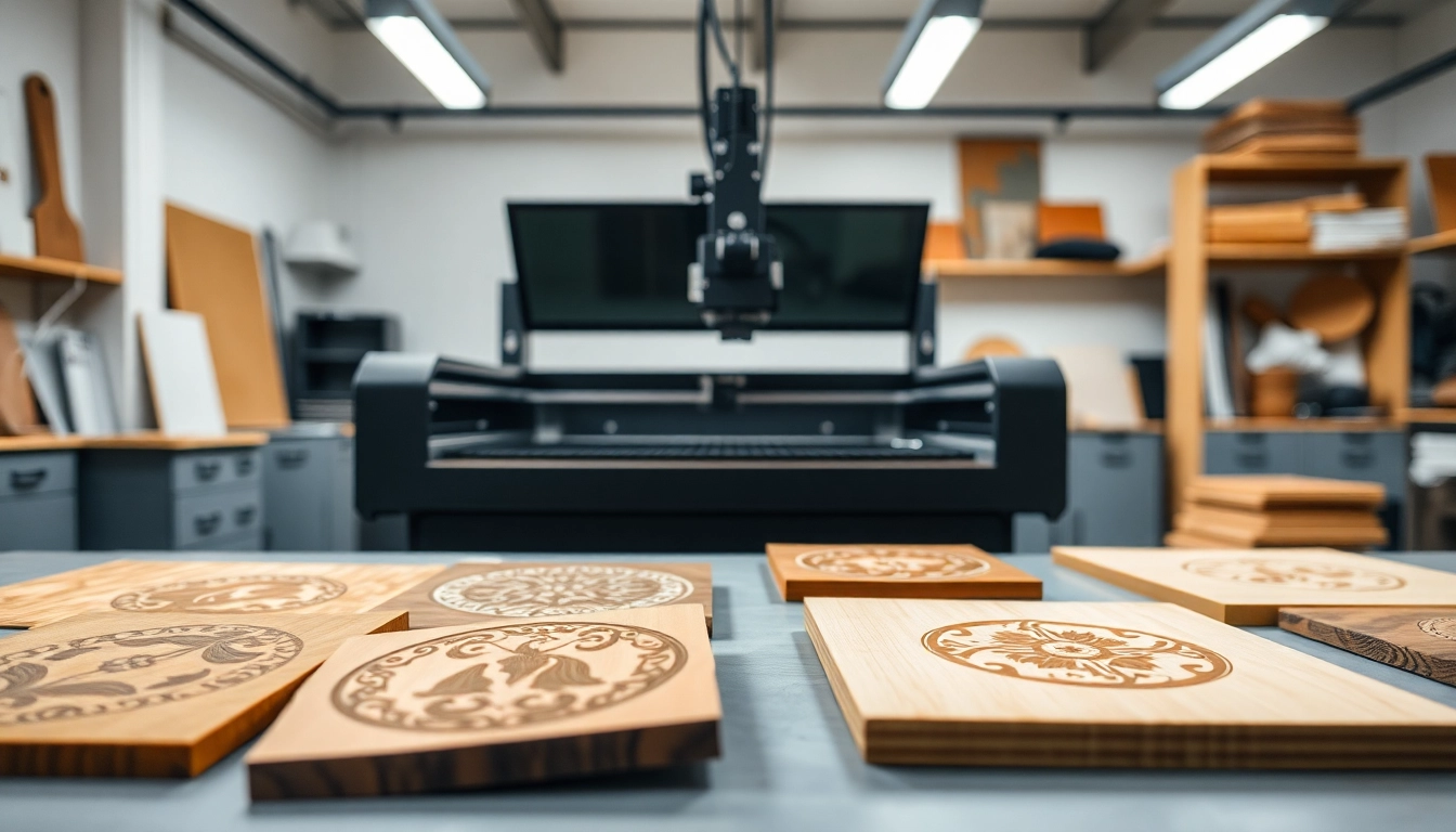 Creating custom laser design on wood and acrylic in a professional workshop environment.