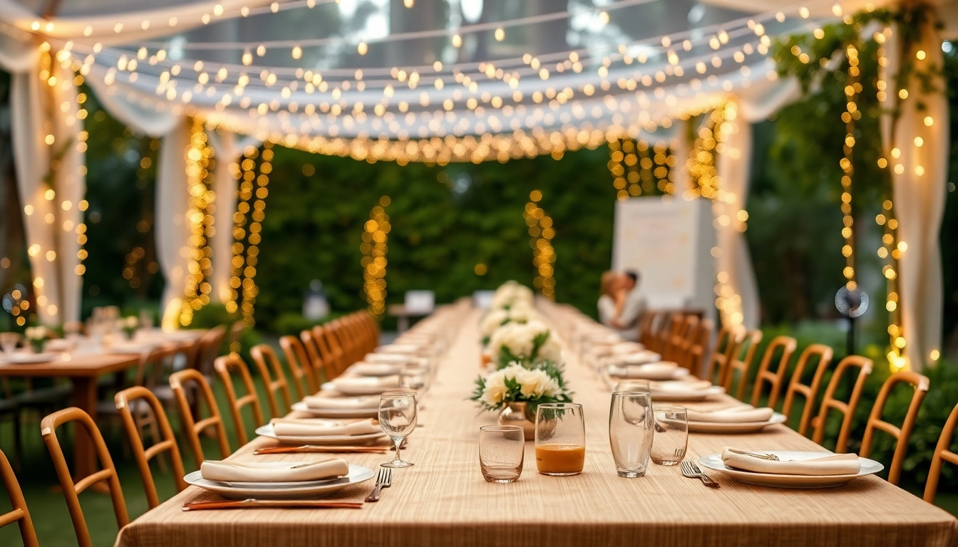 Event Rentals setup with elegant tables and decor enhancing outdoor ambiance.