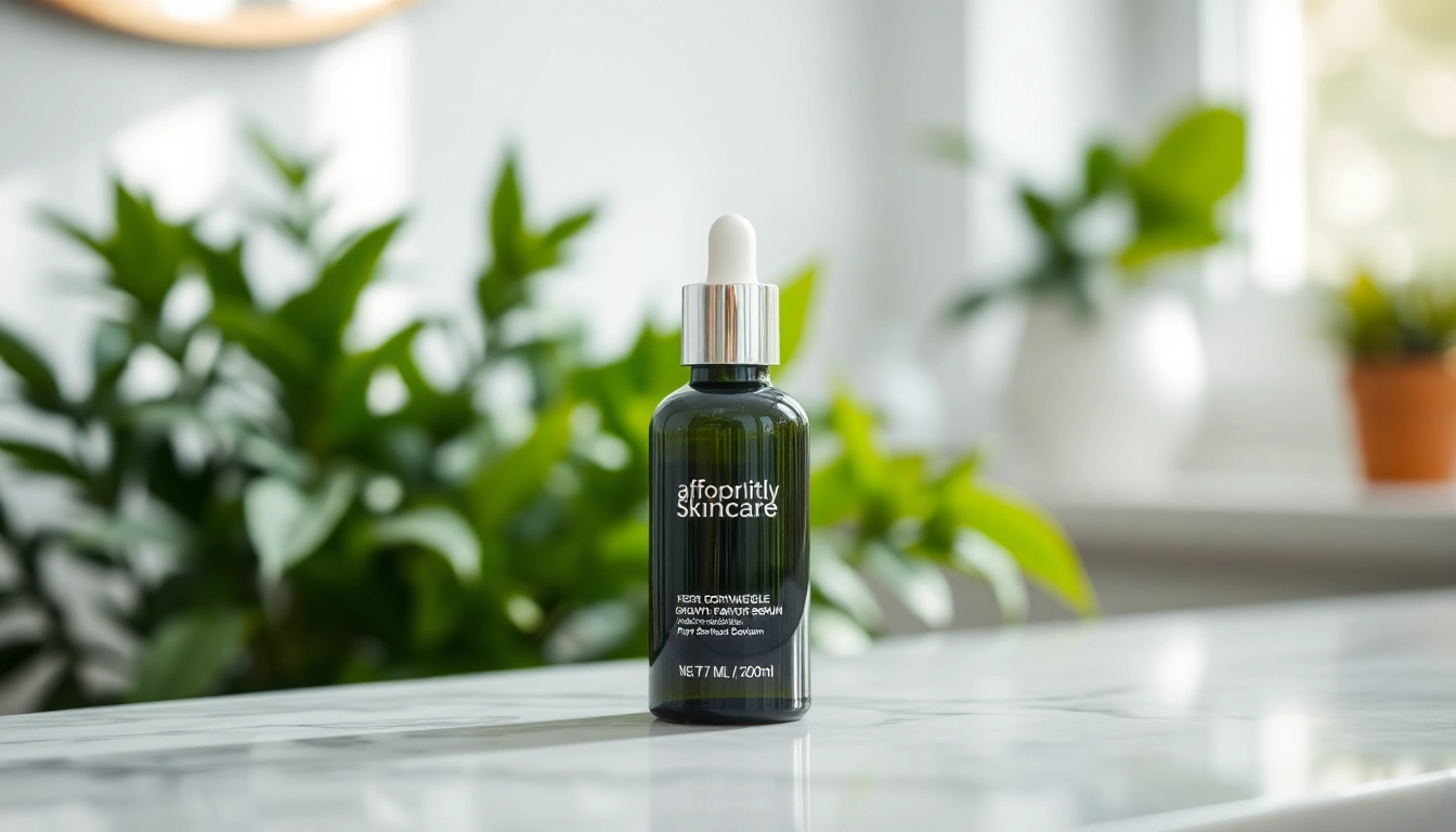 Promote the affordable growth factor serum in a bright skincare setting, evoking freshness and rejuvenation.