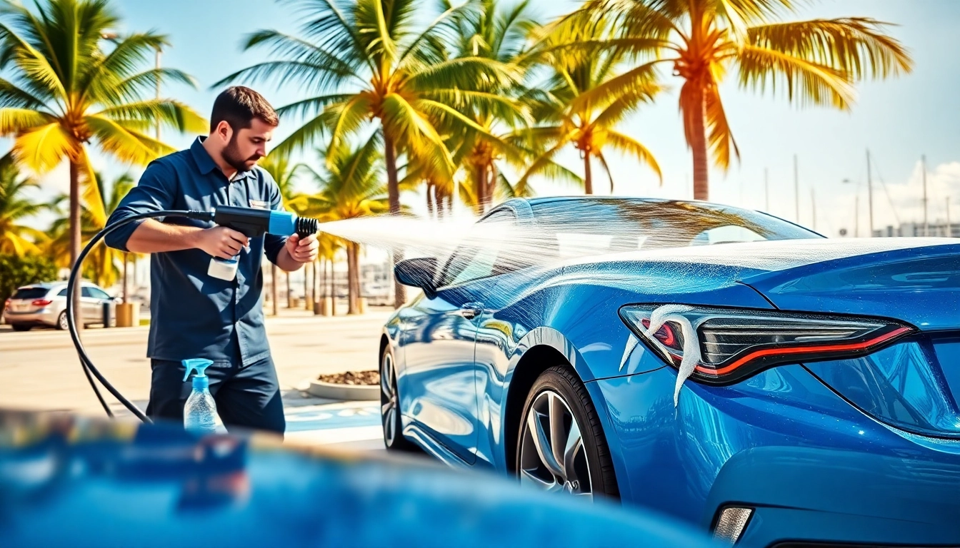 Engaging Palm Beach mobile detailing service showcasing a technician cleaning a vibrant blue car under sunny skies.