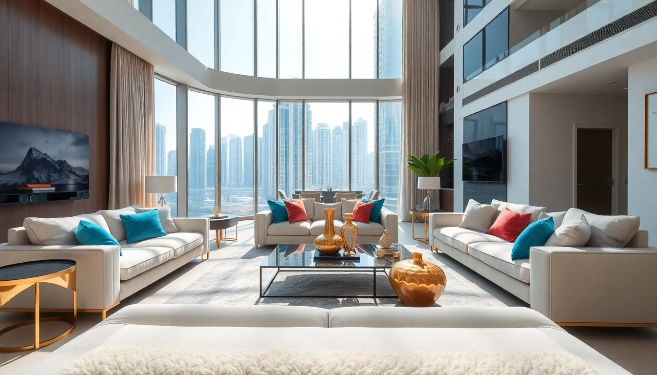 Showcasing contemporary interior design Dubai living room with sleek furniture and vibrant decor accents.