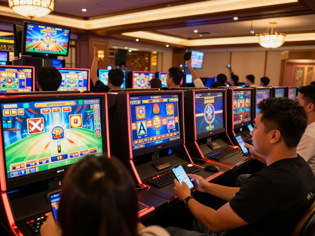 Players enjoying exciting matches on situs slot gacor with colorful slot displays in vibrant online casino