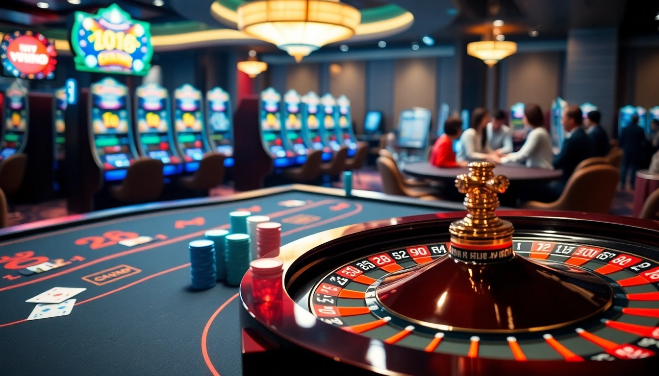 Engaging scene showing players using vn168 đăng nhập at casino tables with vibrant chips and cards.