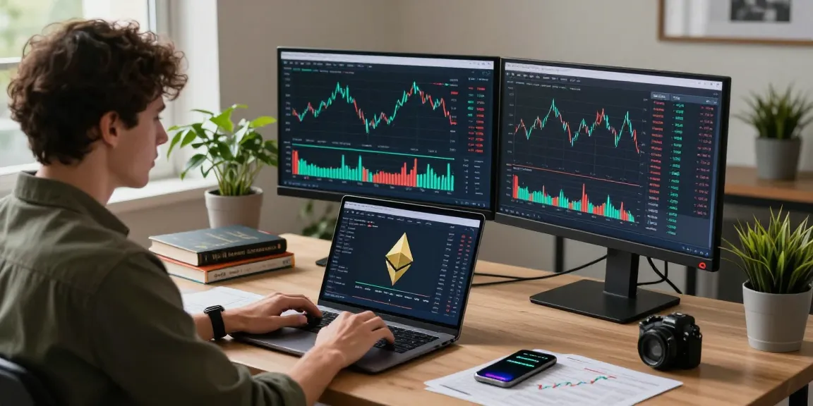 Live Ethereum price charts displayed in a modern home office during active trading session.