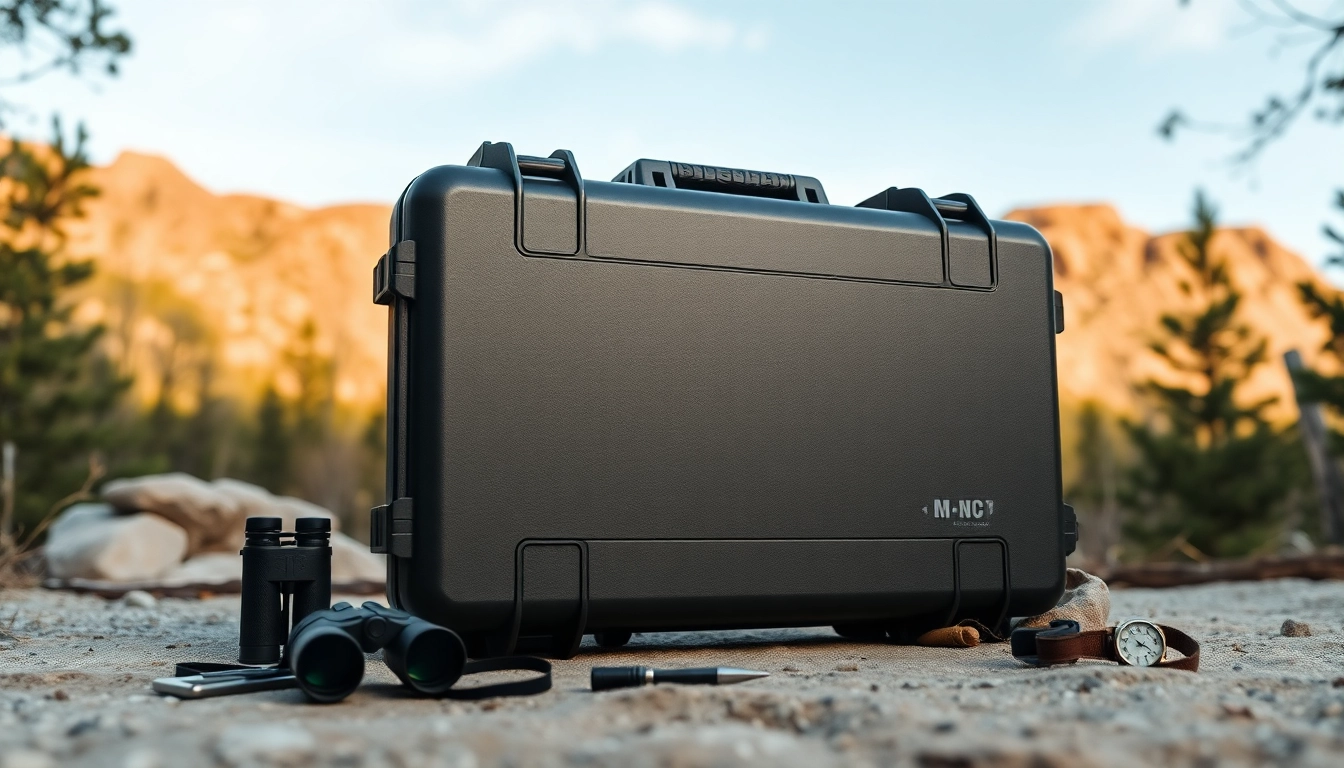Showcasing a pelican rifle case in a natural outdoor setting, surrounded by adventure gear.