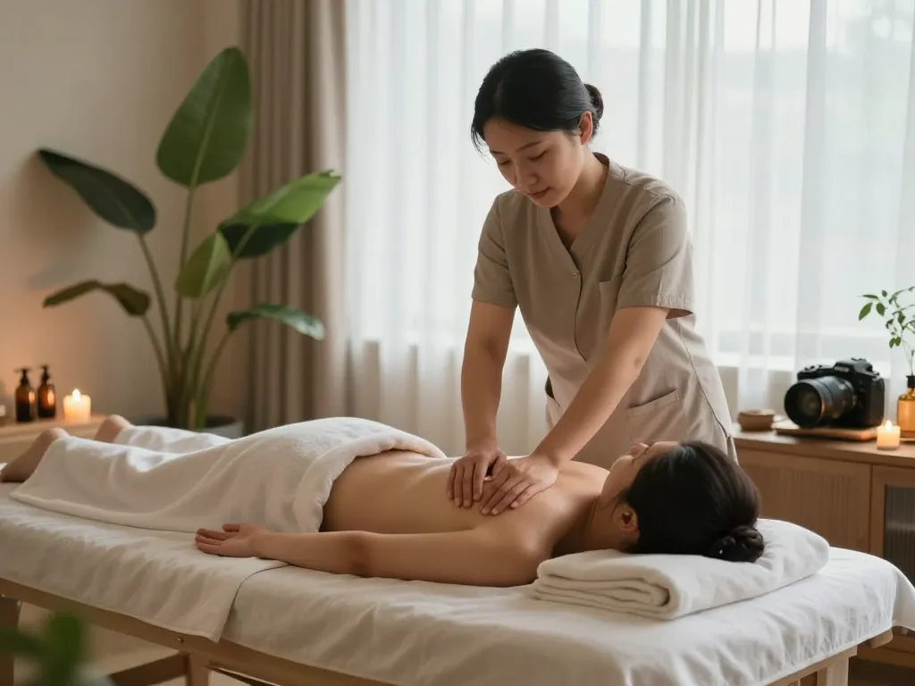 Relaxing 치평동마사지 in serene wellness studio with soothing candles and natural light.
