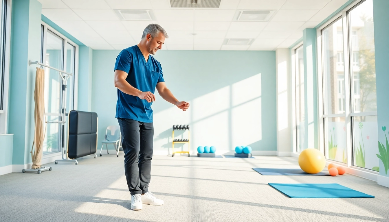 Engaging session of Health in Motion Rehabilitation with a therapist guiding a patient through exercises in a vibrant clinic environment.