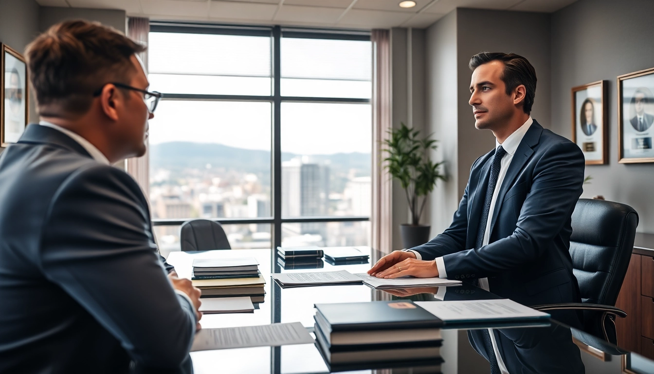 Engaging Asheville DWI defense lawyer advising a client in a professional office setting.