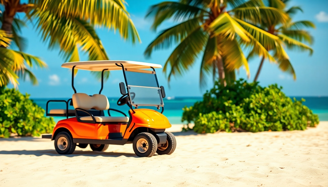 Enjoy a vibrant San Pedro Belize Golf Cart Rental with a scenic beach view.