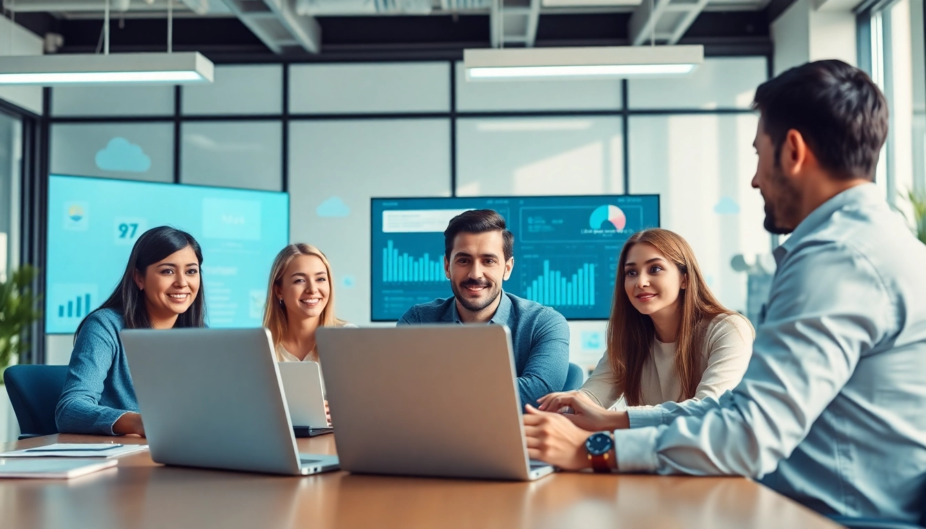 SaaS team collaborating in a vibrant workspace with digital tools for enhanced productivity.