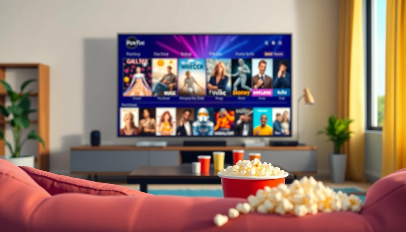 Experience หนังออนไลน์ on a cozy couch with popcorn and a vibrant streaming interface.
