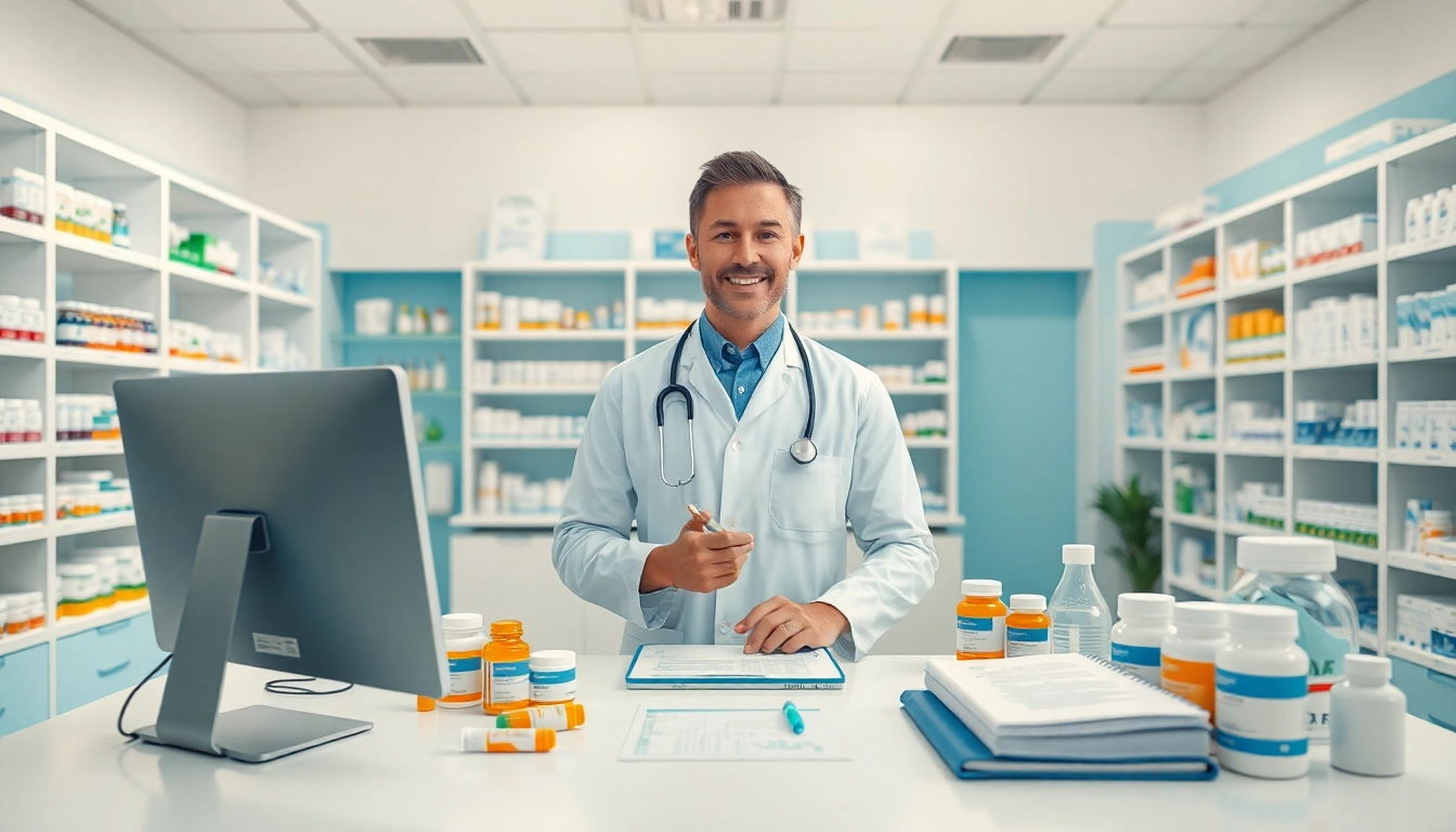 Engaging pharmacist assisting customers at an online pharmacy with expert advice.