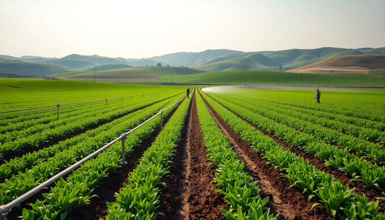 Implementing land irrigation systems to enhance crop growth in a vibrant landscape.