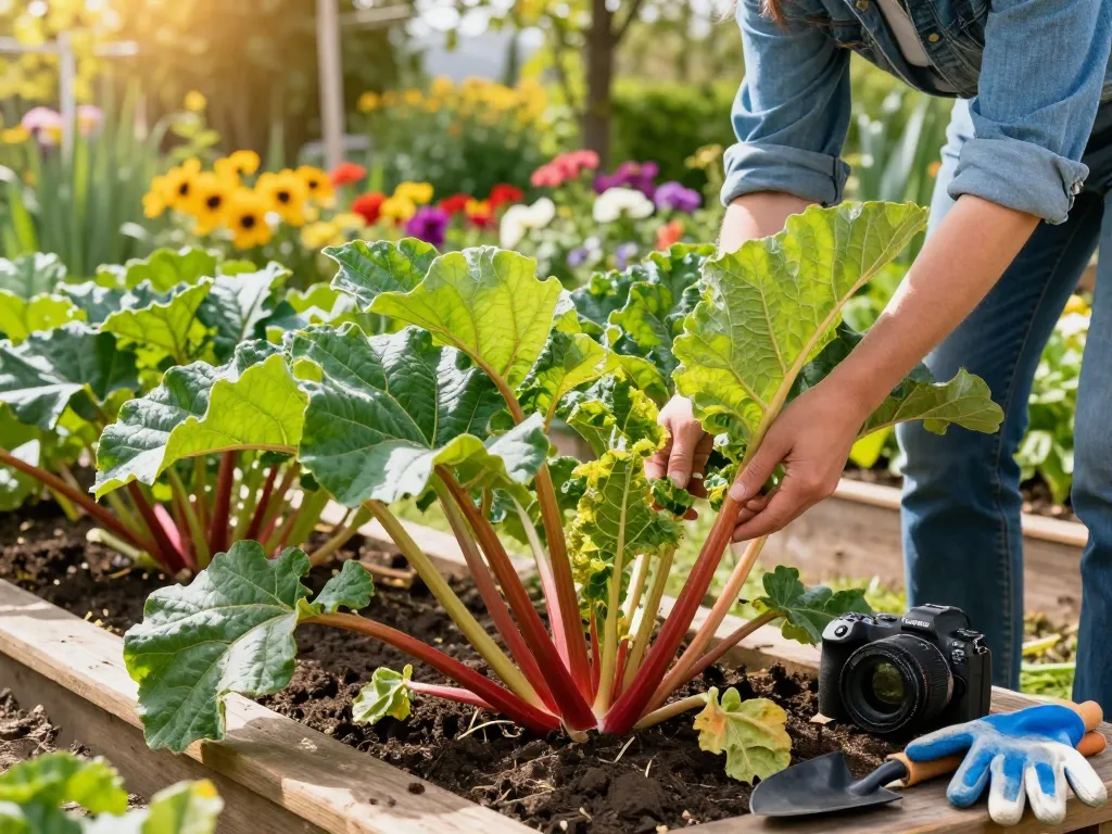 Discover vibrant rhubarb plants and tools in a sunny garden, perfect for rabarber stekken kopen.