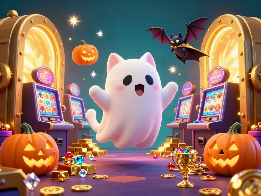 Slot gacor gampang menang dalam suasana penuh keajaiban kasino dengan kucing hantu dan lampion.