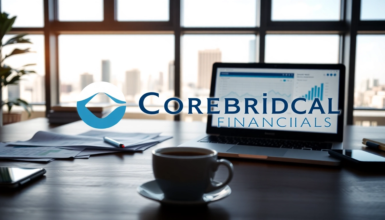 Corebridge Financial's professional workspace showcasing financial documents and a city skyline.