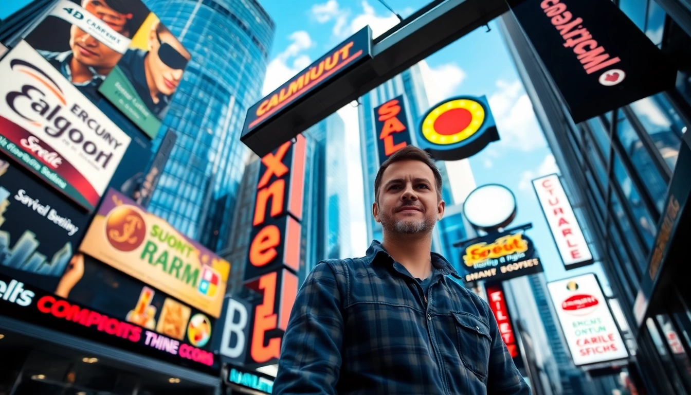 Calgary sign company technician installing vibrant signage in a bustling urban environment.