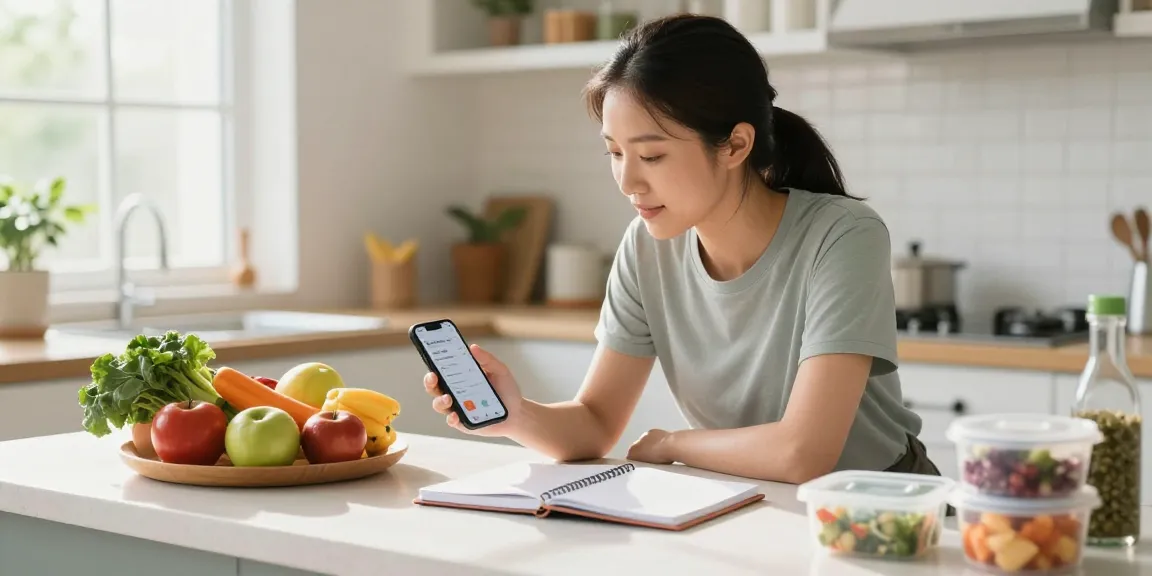 Explore the best calorie tracker app with fresh ingredients and a nutrition coach in an inviting kitchen.