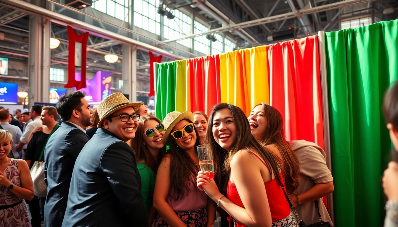 Guests enjoying a lively photo booth Chicago experience with colorful props and a vibrant backdrop.
