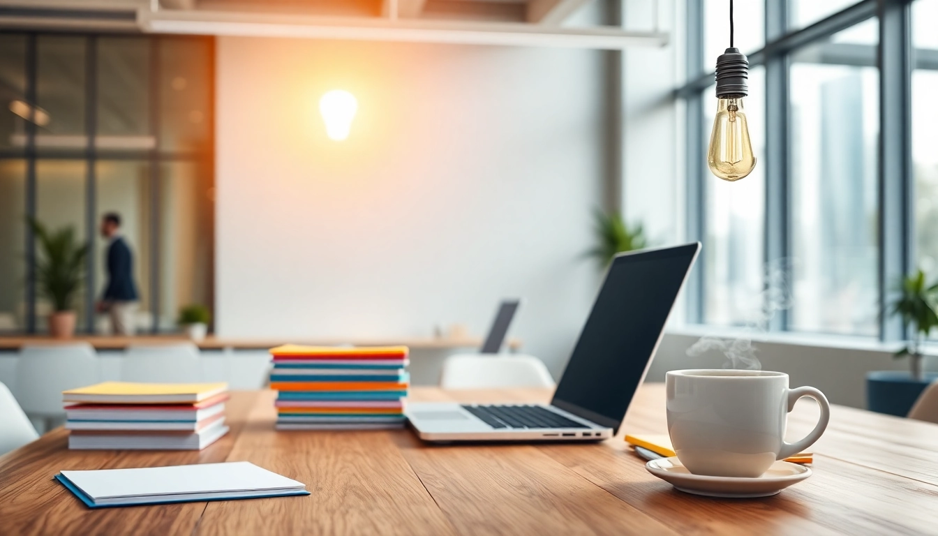 Brightet energy symbolized by a glowing light bulb in a modern office setup.