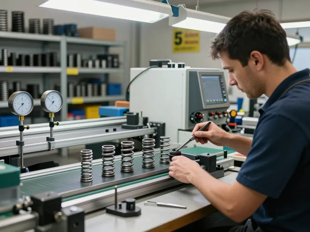 Tehnician de precizie ajustând mașinile pentru producția de arcuri ciur într-un atelier modern.