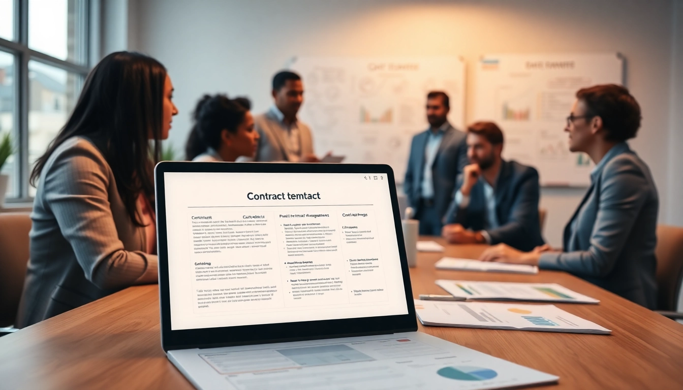 Collaboration on contracts and grants with diverse professionals in a bright office setting.