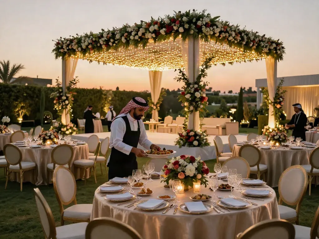 Event rental ksa - Exquisite outdoor wedding setup featuring elegant decor, fine dining, and a stunning sunset.