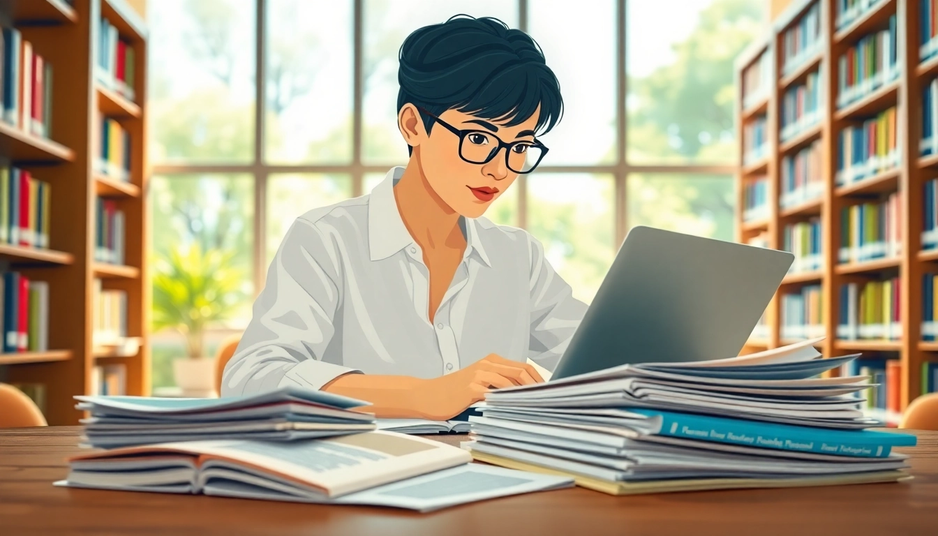 Pay someone to take TOEFL while a student studies in a bright library, showcasing concentration.