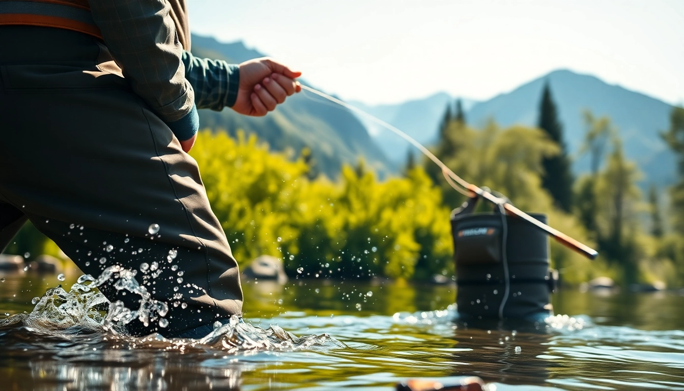 Angler in fly fishing waders casting a line in a serene river setting with mountains.