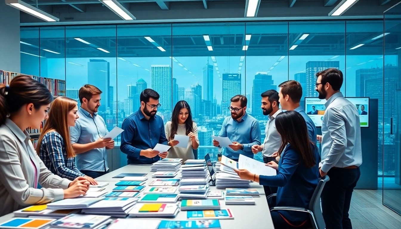 Team collaborating at a direct mailing company office, creating innovative marketing solutions.