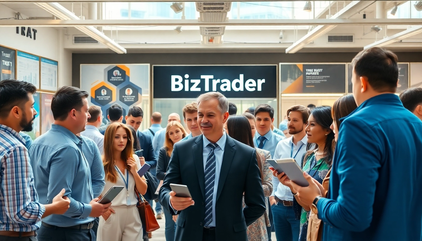 Engaging scene representing BizTrader, a vibrant business marketplace with diverse individuals collaborating.