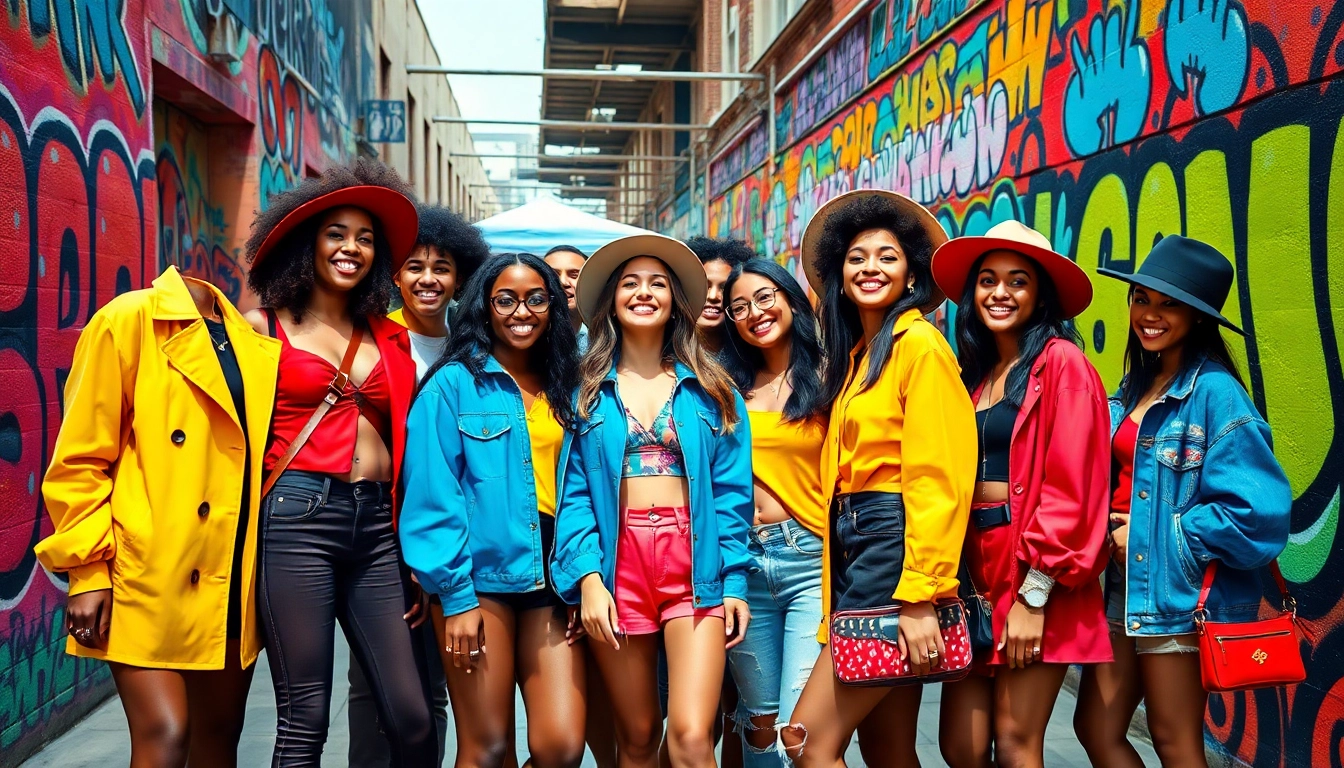 Fashion-forward friends in urban setting showcasing trendy outfits and vibrant diversity.