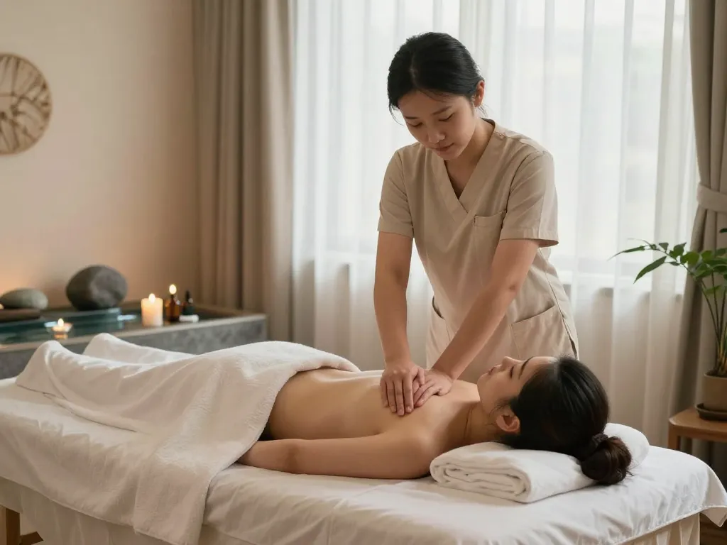 치평동마사지 세션에서 치료사와 함께하는 평화로운 분위기.
