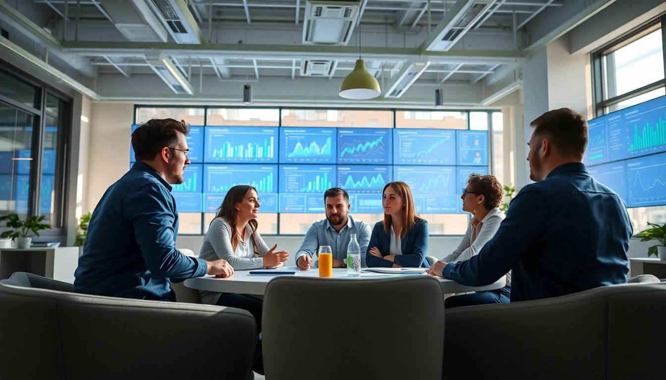 Team collaborating at a social media agency, analyzing digital strategy and data.