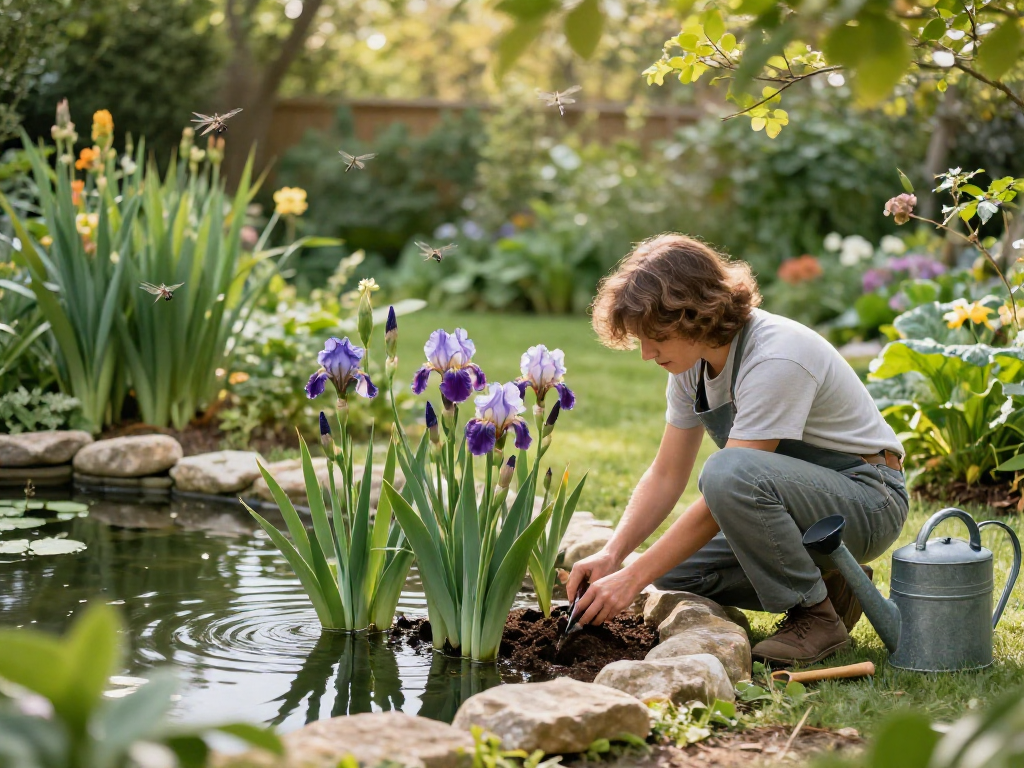 Marginal pond plants including irises and cattails being planted by a gardener in a tranquil pond setting.