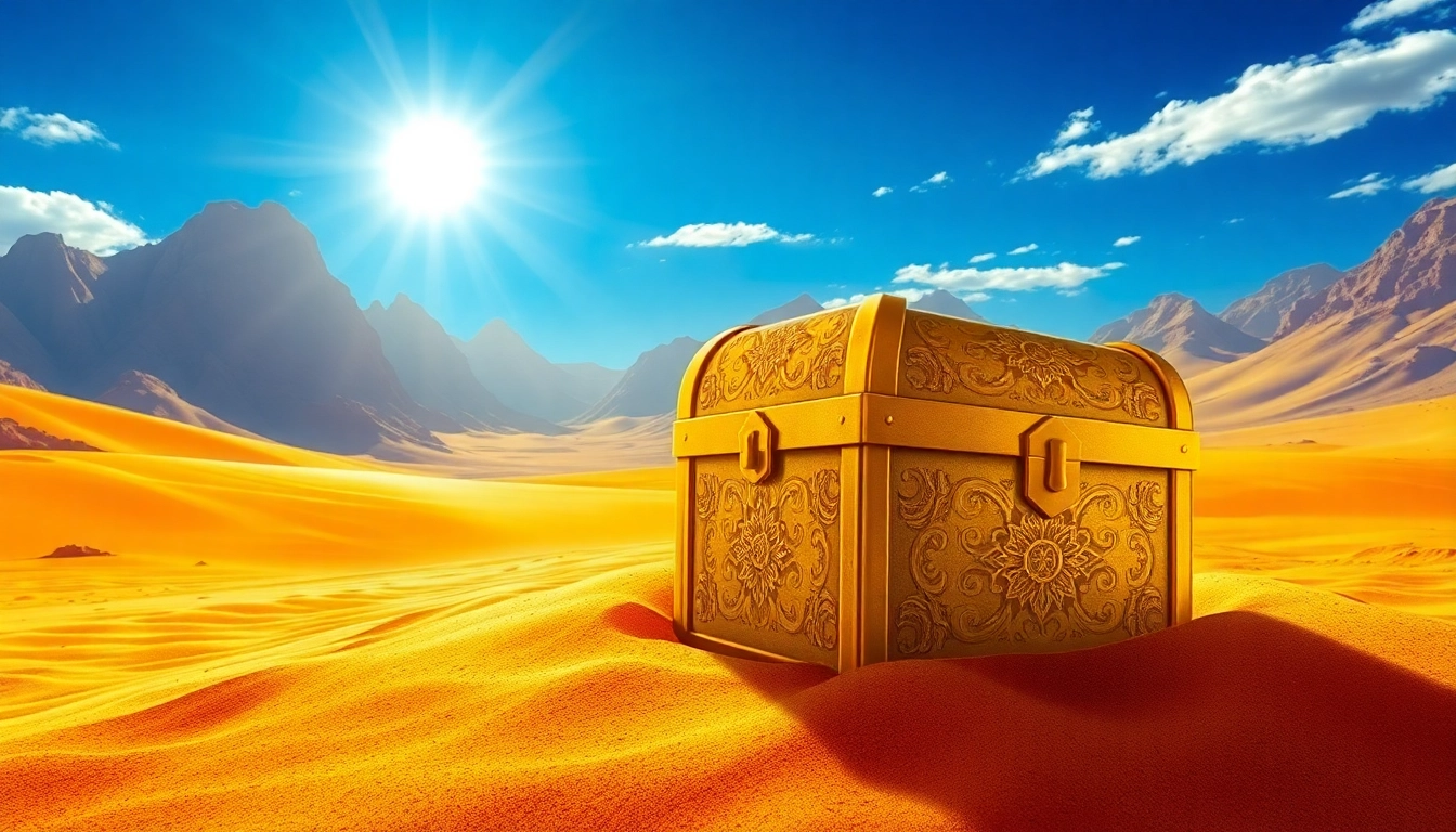 Unraveling the mysteries of King Solomon's Mine with a treasure chest in a dramatic desert setting.