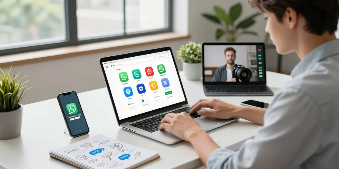 WhatsApp下載 interface displayed on a laptop in a modern workspace setting, showcasing user-friendly tech.