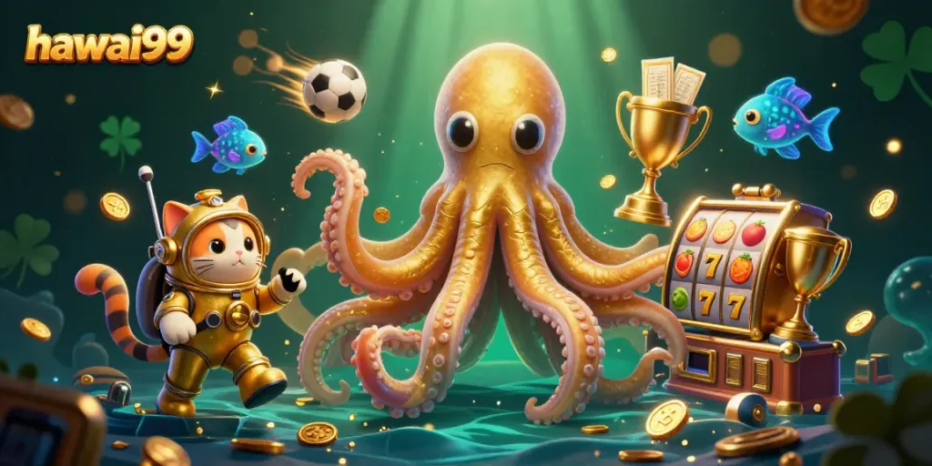 Engage with hawai99's thrilling slot experience featuring a kraken and retro diving cat.