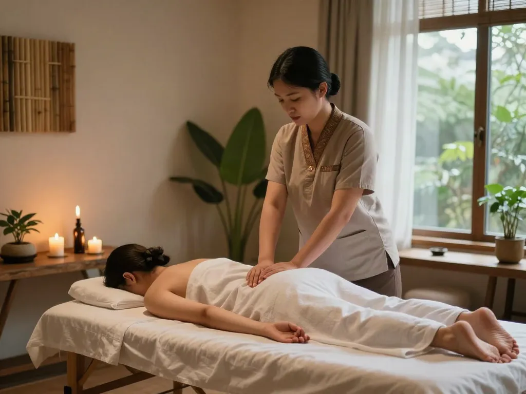 월곶출장마사지 in a tranquil therapy room, showcasing a professional massage session.